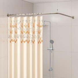 Yampos L Shaped Corner Shower Curtain Rod, 24" - 53" x 24" - 53" Adjustable 90 Degree Curved Bathroom Rod Square Rail No Sag with 12 Hooks & Ceiling Support - Silver