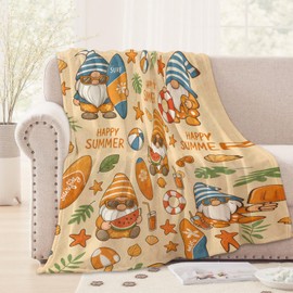 WKEDIN Summer Gnome Blanket,50x60in,Cozy Flannel Throw with Cute Beach Surfboard Watermelon Starfish Design,Soft Lightweight Gifts Blankets for Adults,Sofa Bed Travel Camping Coastal Holiday Decor