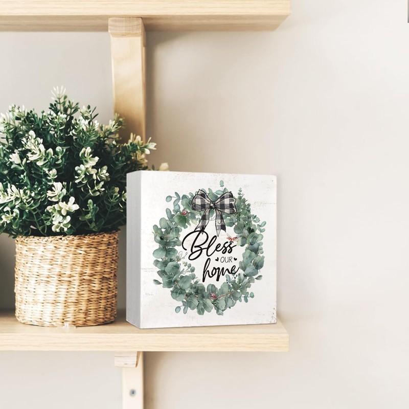 Bless Our Home Sign Wood Box Desk Decor,Spring Botanical Eucalyptus