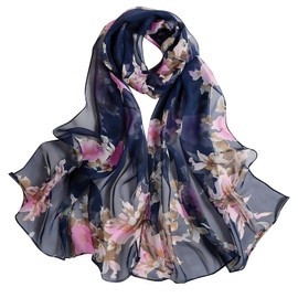 FNNAN Ladies Floral Chiffon Scarf - Sunscreen Fashion Scarf Flower Print Lightweight Head Scarf Scarves Shawls Wrap For Women (Dark Blue),One Size