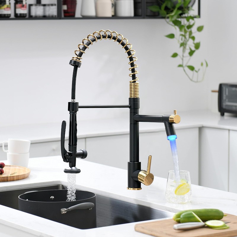 Fapully LED Kitchen Faucet with Pull Down Sprayer,Black&Gold Commercial Kitchen