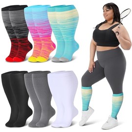 6 Pairs Socks Plus Size for Women and Mens Knee Extra High Sports Running Stocking Grade Ladies Support Running Travel Essentials Accessories Multi Red Black Stripe