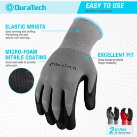DURATECH Micro-Foam Nitrile Safety Work Gloves, 6 Pairs, Non-slip Dot Coated Gloves, with Touchscreen Capability, Ideal for General Purpose (Grey and Red, L)