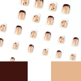 Vezocim Press on Nails Short Square Shapes 24Pcs Glossy Full Cover Artificial Brown French Tips Fake Nails with Star Designs Acrylic Short Coffin False Nails Glue Stick on Fingernails for Women