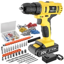 20V Cordless Drill Set, Impact Power Drill with 3/8 Inch Keyless Chuck, 18+3 Clutch Electric Drill with Work Light, Max torque 45Nm, 2-Variable Speed & 2.0AH Batteries and Fast Charger