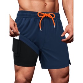 Mens Bathing Suit with Compression Liner Mens Swim Trunks 5 Inch Inseam Swim Trunks Men Swimsuit Swimming Shorts for Men Navy