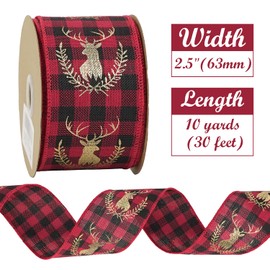 HUIHUANG Reindeer Plaid Christmas Ribbon 2.5 inch Wired Christmas Tree Ribbon Deer Antler Ribbon for Christmas Tree, Wreaths, Bows, Garland, Gift Baskets, Gift Wrapping, Home Decor Crafts-10 Yards