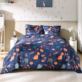 MORAIS Queen Comforter Set,7 Pieces Blue Dinosaur Kids Queen Bedding Set - Super Soft and Lightweight with Comforter, Sheets, Pillowcase & Sham