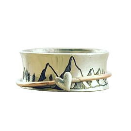 Ailiessy Spinning Anxiety Relief Ring Keep Climbing Mountains Waves Pattern Love Heart Spinner Fidget Ring for Women Men Jewelry, Metal, Rhinestone