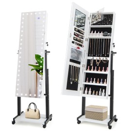 CHARMAID Jewelry Cabinet Armoire with LED Full Length Mirror, 3 Adjustable Heights, up to 69 inches, Swing-out Earring Holder, Lockable Standing Jewelry Organizer Storage with Wheels (White)