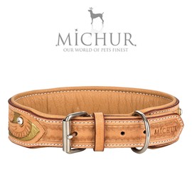 MICHUR GOLDENEYE,dog collar, leather collar, beige leather with golden press cuts and white rinestones - GERMAN BRANDNAME QUALITY!!! neck size: 24-26.7" (61-68cm), Total Length: 29.5" (75cm)
