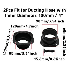 2Pcs 4 Inch Duct Connector Flange, ABS Plastic Wall Plate, Square to Round Straight Pipe Fitting for Heating, Cooling, Ventilation, Exhaust Fan, HVAC System, Dryer Vent, Black