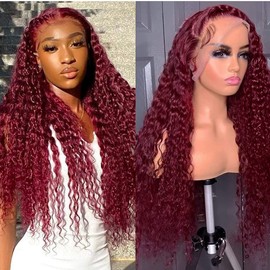 99j Burgundy Lace Front Wigs Human Hair Deep Wave Curly 13x4 Hd Lace Frontal Wigs for Black Women Human Hair Pre Plucked Red Colored Wig (30 Inch)