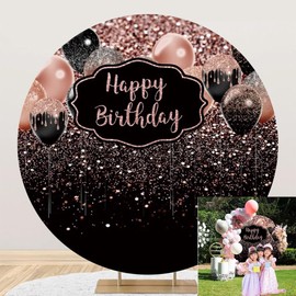 OERJU Happy Birthday Round Backdrop Cover Rose Gold and Black Happy Birthday Circle Backdrop Women Girls Sweet 16 30th 40th 50th 60th Birthday Party Decoration Photography Background Props 7.2ft