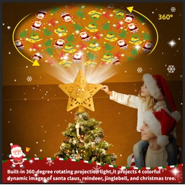 Star Christmas Tree Topper with Rotating LED Projector, 4 Patterns, Santa, Reindeer, Bell, Tree