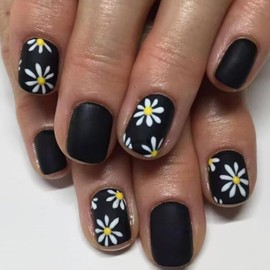 Black Press on Nails Short Square Fake Nails White Flower Stick on Nails Matte Glue on Nails Spring Summer Acrylic Nails Full Cover Artificial False Nails Reusable Nails Kit for Women Girl 24Pcs