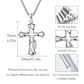 OHAYOO Cross Necklace for Men 925 Sterling Silver Cross Pendant Necklace Religious Necklace Cross Jewellery for Men Stainless Steel Chain 22 + 2 Inches, Standard, Sterling Silver, No Gemstone