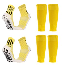 2 Set Kids Grip Soccer Socks with Shin Guard Sleeves, Anti-Slip for Ages 7-14 Youth Boys Football Basketball Training (2 Set: Yellow)
