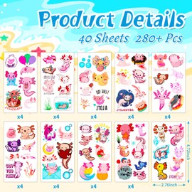 300 Pcs Axolotl Temporary Tattoos Stickers Cute Axolotls Birthday Decorations Favors Pink Axolotl Party Favors for Kids Adults Prizes Rewards 40 Sheets