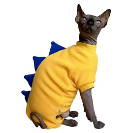 Four Leg Dinosaur Sphynx Cat Clothes Pjamas Hairless Cat Warm Polar Fleece Jumpsuit Elastic Pet Clothes for Sphynx Cat Surgery Recovery Suit Hairless Cat Shirt for Devon, Cornish (Yellow, Medium)