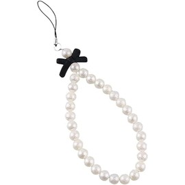 Dwang White Charm Universal Phone Lanyard with Black Bow Pearl Beaded Strap - Anti Lost Phone Chain for Women, Wallet Decoration Pendant Accessory