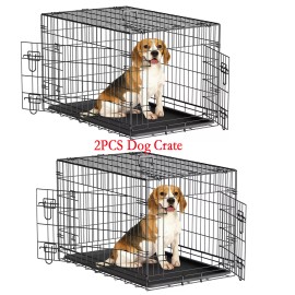 SEGAWE 2PCS 36" Dog Crate Kennel Folding Metal Pet Cage 2 Door With Tray Pan Black