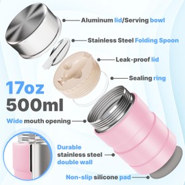 Earth&ME Stainless Steel Thermo For Hot Food 17OZ with Folding Spoon, Vacuum Insulated Food Container, Soup Thermo with Wide Mouth, Insulated Food Jar for Hot & Cold Food, Pink