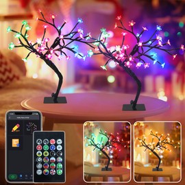 2 Pack Christmas Decorations 16" Smart Cherry Blossom Tree Lights, DIY Color Changing Warm White LED Flower Bonsai Tree Night Lights Chasing Effect Music Sync App Control for Home, USB Operated