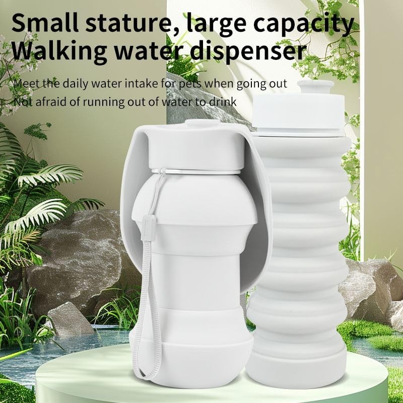Portable Dog Water Bottle with Foldable Bowl, 550ml, White, Leak-Proof
