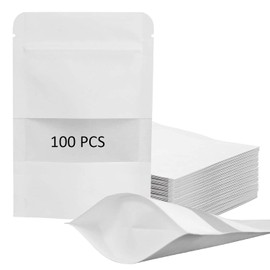 Bolsas de Papel Kraft de 100 Piezas, Bolsas Pouch con Ventana y Cierre Hermético de Cremallera, Bolsas Resellables para Dulces, Accesorios, Aperitivos, Joyería y Más, 9x14cm (Blanco)