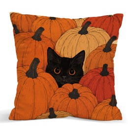 Black Cat Pumpkin Pillow Cover 18x18 Inch, Vintage Halloween Throw Pillowcase, Spooky Fall Decor for Couch Sofa Bed, Gifts for Cat Lovers and Women