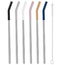 Tronco Set of 6 Stainless Steel Reusable Metal Straws with Silicone Flex Tips Elbows Cover, Metal Drinking Straws for Tronco Tumbler , 6 Steel Straws,6 Silicone Tips,1 Straw Cleaning Brush
