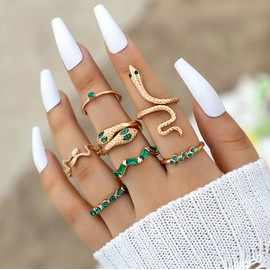 Inateannal Boho Emerald Snake Ring Knuckle Rings Sets Crystal Snake Finger Rings Gold Serpent Stackable Joint Rings Vintage Midi Rings Jewelry for Women and Girls Gifts