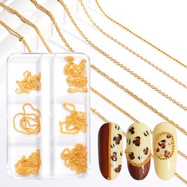 JERCLITY 1 Box 6 Strips Nail Chains for Nail Art Gold Alloy Metal Nail Art Chains Gold Nail Charms Punk Nail Studs Gold Caviar Beads Chain Jewelry Accessories for Women Nail Art