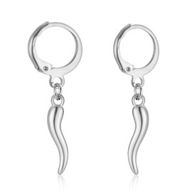 VASSAGO Lucky Amulet Italian Horn Dangle Earrings for Women Stainless Steel Cornicello Drop Earrings (silver hoop earrings)