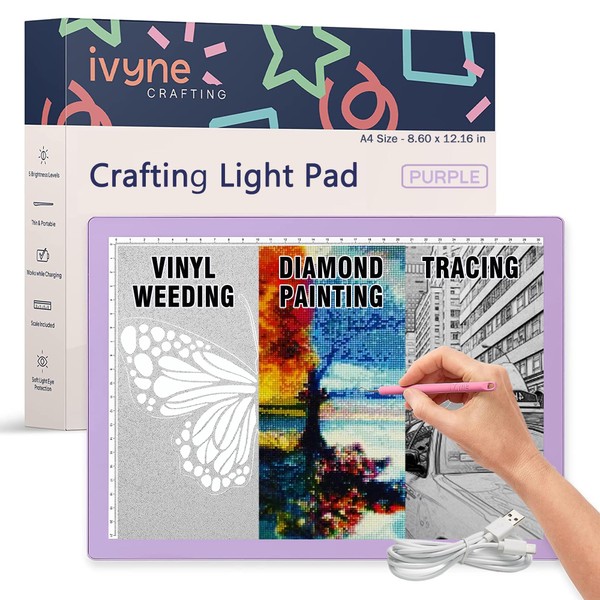 iVyne Corded Light Pad for Weeding Vinyl - A4 Light Box for Tracing and Drawing - Light Board for Tracing - Tracing Light Box for Diamond Painting, Weeding Vinyl, Sketching, Tracing (Purple)