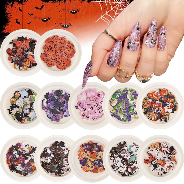 Kalolary 12 Boxes Halloween Nail Sequins, 3D Nail Art Glitter Sequins Nail Art Design Makeup DIY Decals for Women and Girls Nails Face Body Decoration