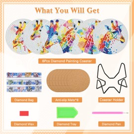 GHHKUD 6Pcs Giraffe Diamond Painting Coasters, DIY Life Coasters Animals Diamond Art Coasters Kits for Adults, Full Drill 5D Coloful Diamond Painting Coasters with Holder Cork Pad for Home