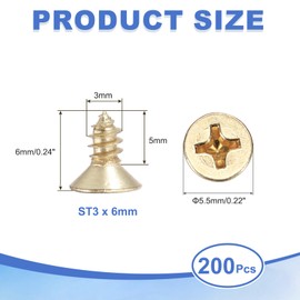MECCANIXITY 200Pcs ST3 x 6mm Pan Head Self Tapping Screws, Galvanized Carbon Steel Self Drilling Screws for Metal Sheet Metal Screw, Gold