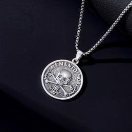 Silikepa Memento Mori Necklace for Men Women, 925 Sterling Silver, Memento Mori Pendant Necklace, Vintage Skull Jewelry Gift for Men Women.