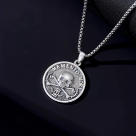 Silikepa Memento Mori Necklace for Men Women, 925 Sterling Silver, Memento Mori Pendant Necklace, Vintage Skull Jewelry Gift for Men Women.