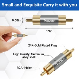 Togconn RCA Adapter 2 Pack,RCA Male to Male Pure Copper Pins Coupler Extension, Gold Plated RCA M-M Barrel Audio Video Connector Adapter Extend Subwoofer for HDTV,Speakers, Amplifiers, Car Audio