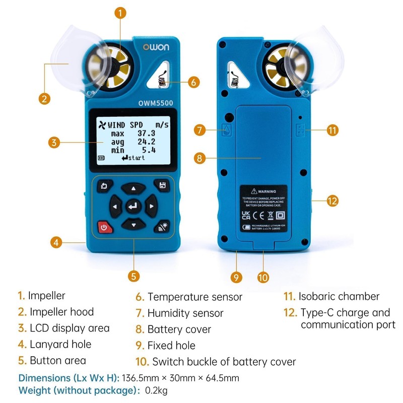 OWON OWM5500 Digital Anemometer: Handheld HVAC Tool for Precise CFM