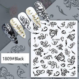 Leaf Vine Nail Art Stickers, Bohemian Style Leaf Nail Art Self-Adhesive Sticker Design, Holographic Black Vine Leaves 3D Nail Transfer Decals Supplies for Women Girls Manicure Charms Decorations
