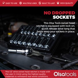 Olsa Tools Swivel Head Ratchet - 1/2-Inch Drive with 90-Tooth Round Head - Roto-Style Socket Wrench for Mechanics - Premium Quality Swiveling Handle - Part 1248