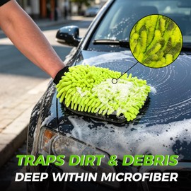 HOMEAN 3-Piece Car Wash Kit: 2 Scratch-Free Chenille Microfiber Wash Mitts + 1 Large 400GSM Drying Towel, Lint-Free Auto Cleaning Set for Cars Trucks SUVs RVs