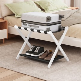 Smuxee White Bamboo Luggage Rack for Guest Room, Foldable Suitcase Stand with Storage Shelf, Easily Assembled Luggage Stand with 5 Nylon Straps for Guest Room Bedroom Hotel