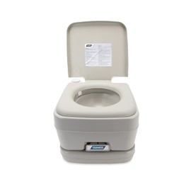 Camco Portable Travel Toilet | Features Bellow-Type Flush and Sealing Slide Valve to Lock-in Odors 2.6 Gallon (41531),Gray/Beige