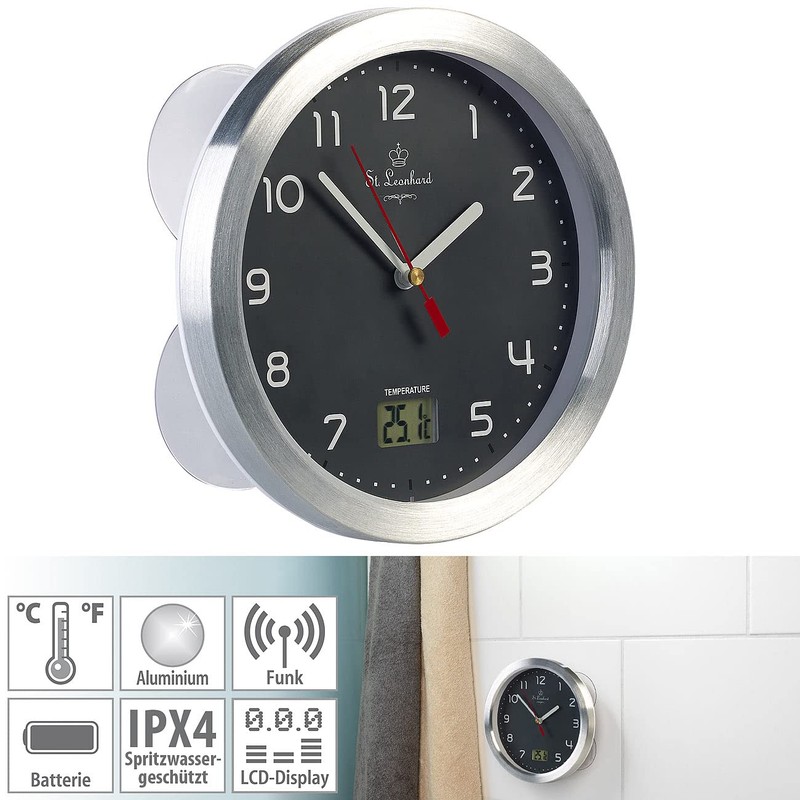 St. Leonhard Shower Clock: Bathroom Wall Clock with LCD Thermometer,