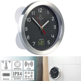 St. Leonhard Shower Clock: Bathroom Wall Clock with LCD Thermometer, Aluminium Frame, IPX4, Grey (Wall Clock With Suction Cups, Bathroom Clocks, Pool)